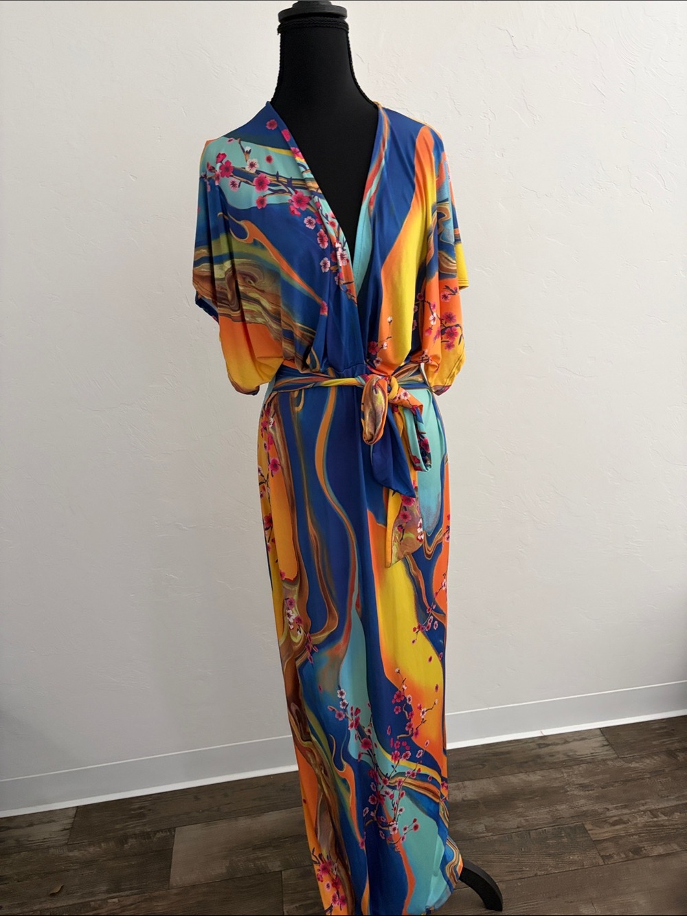 Fashion Nova Multicolor Wrap Maxi Dress in Blue, Orange & Yellow